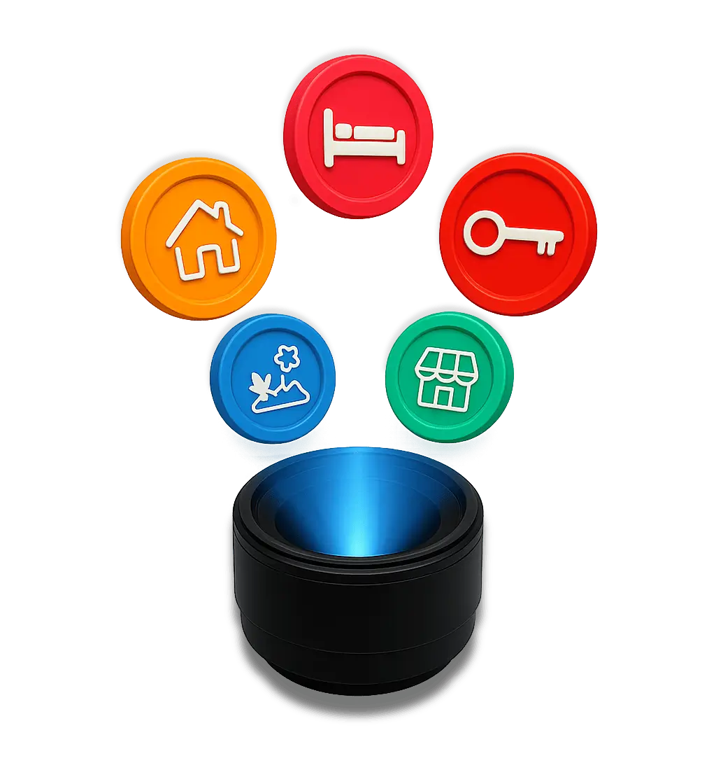 Logo par Focus&Toit représentant un objectif photo projetant cinq icônes colorées symbolisant les activités visées par les prestations de Focus&Toit: immobilier, hébergement, clé d'accès, commerce et événements.